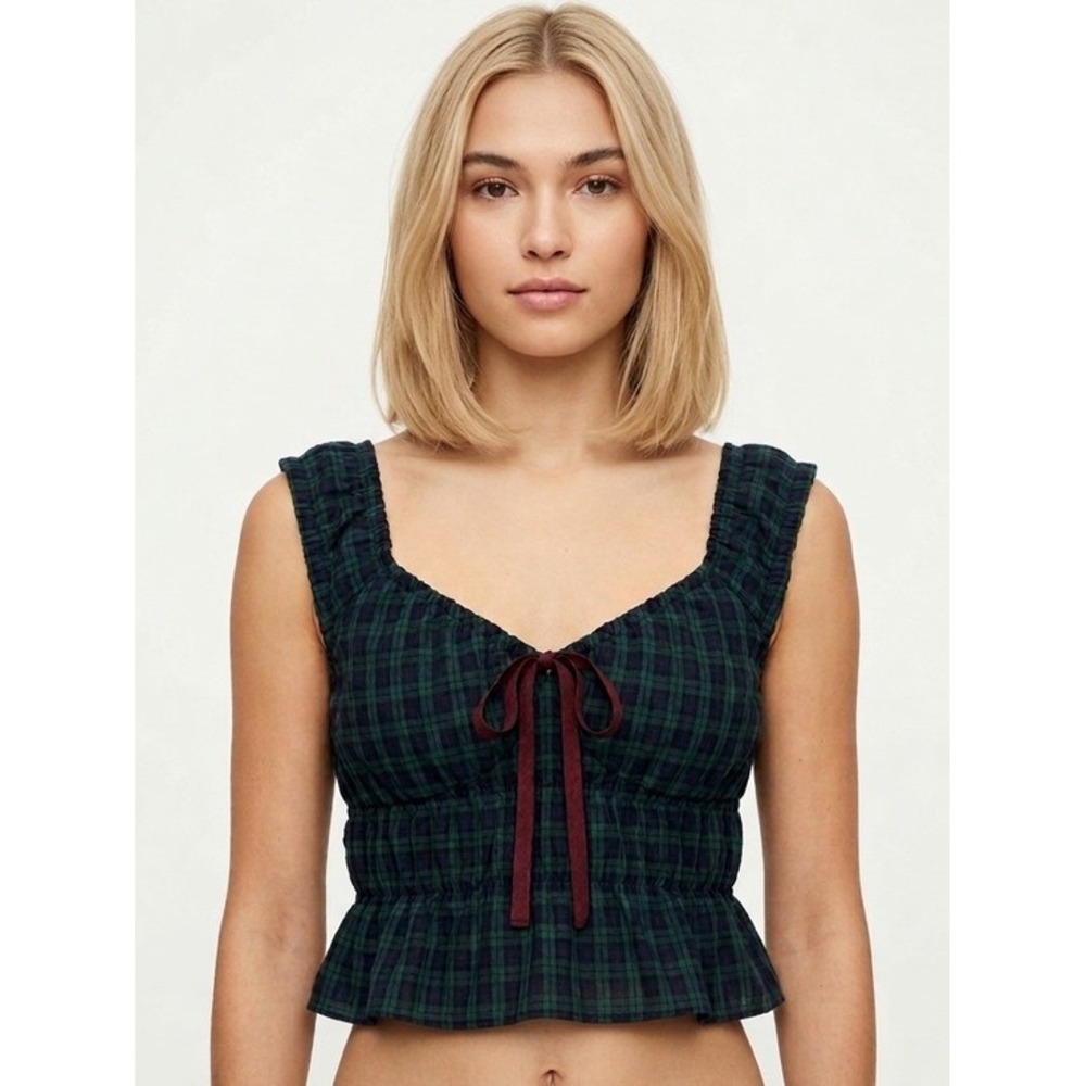 Cider Plaid Ruffle Trim Tank Top Smocked Tie Front Dark Green Medium